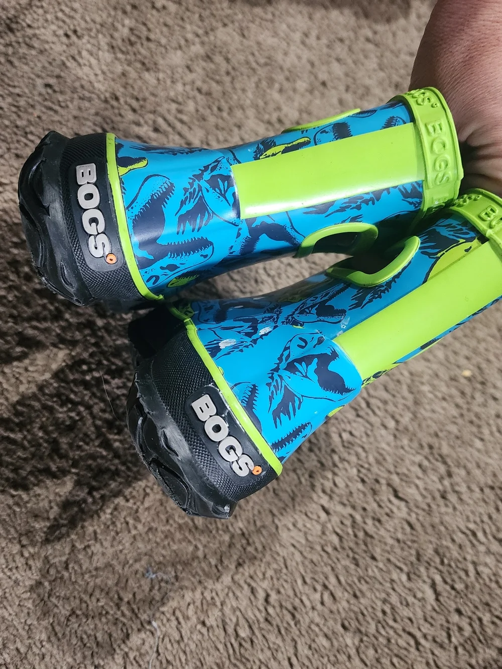 Bogs Kids Blue & Lime Dinosaur Handle Rain Boots